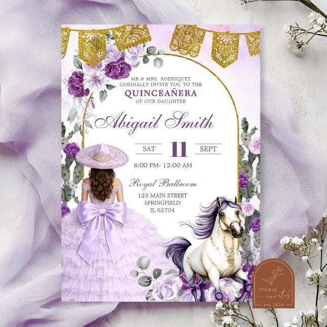 Convites Quinceanera Charra Mexicana Floral Roxa (Criador carregado)