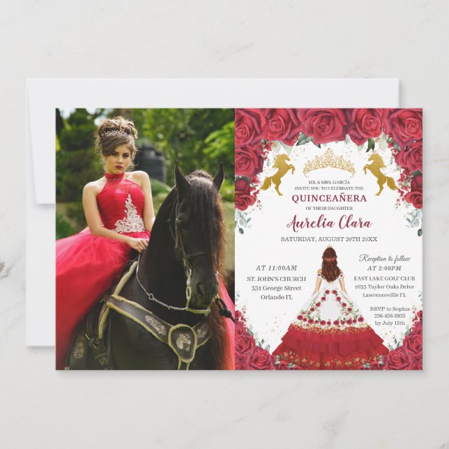 Convites Quinceañera Charro Red Floral Princesa Dourada Cav (Frente)
