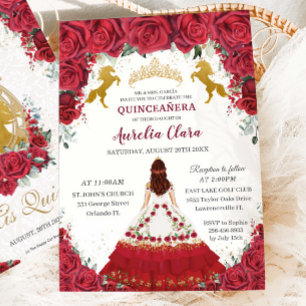 Convites Quinceañera Charro Red Floral Princesa Dourada Cav