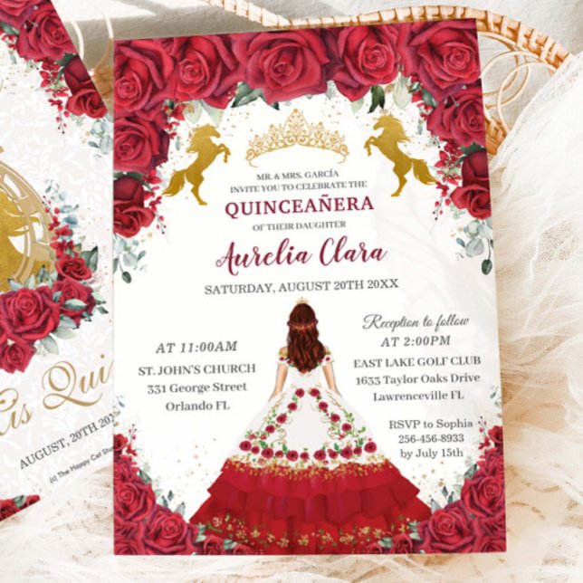 Convites Quinceañera Charro Red Floral Princesa Dourada Cav (Criador carregado)