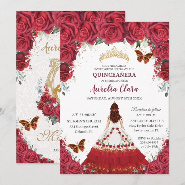 Convites Quinceañera Charro Red Floral Princess Horse Shoe (Frente/Verso)