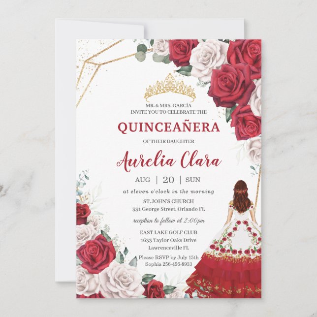 Convites Quinceañera Charro Red White Rosas Florais Dourada (Frente)