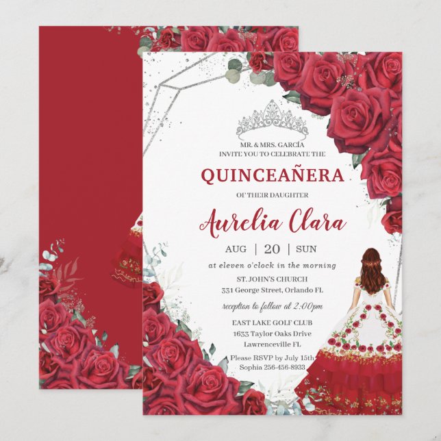 Convites Quinceañera Charro Rosas vermelhas Floral Silver (Frente/Verso)