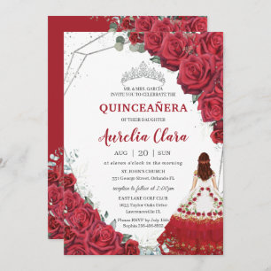 Convites Quinceañera Charro Rosas vermelhas Floral Silver