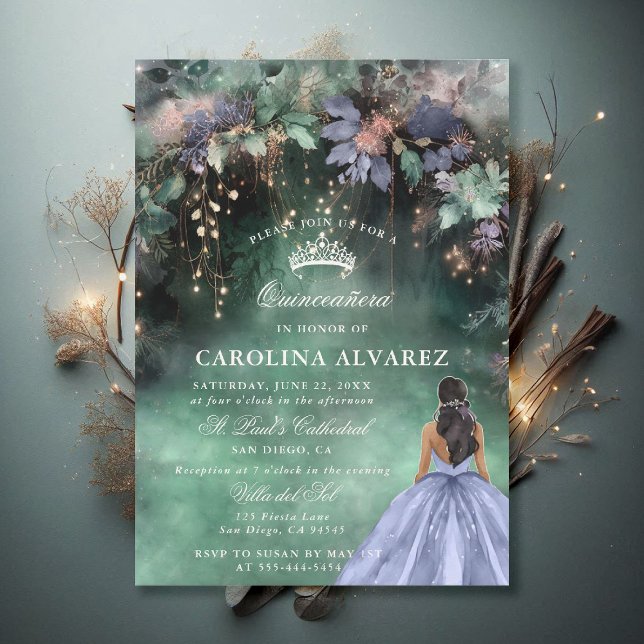 Convites Quinceanera Chic Azul-Periwinkle, Floresta Encanta (enchanted forest quinceanera invitation watercolor princess dress periwinkle emerald green)