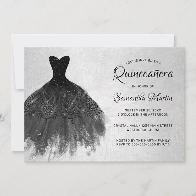Convites Quinceanera Chic Black Vress no Invento do Partido (Frente)