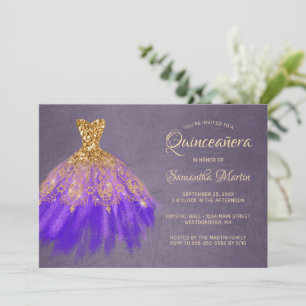 Convites Quinceanera Chic Dourado Roxo Vestido em Plum Part