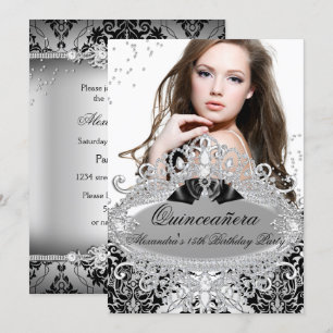 Convites Quinceanera Chic Prata Damasko Diamante Jóia Foto