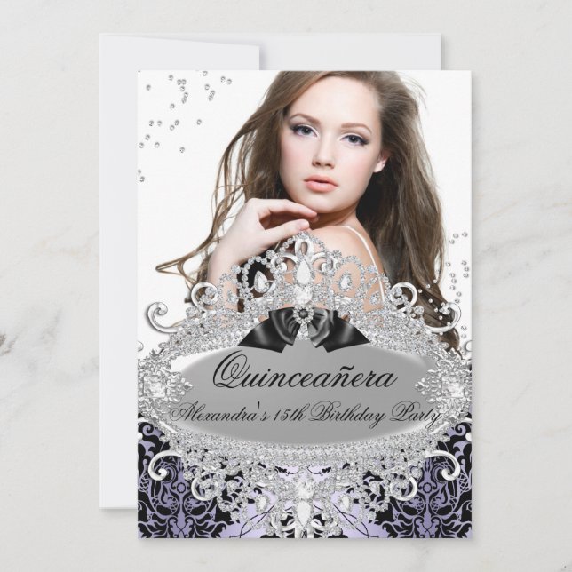 Convites Quinceanera Chic Purple Damask Diamond Jewel Foto (Frente)