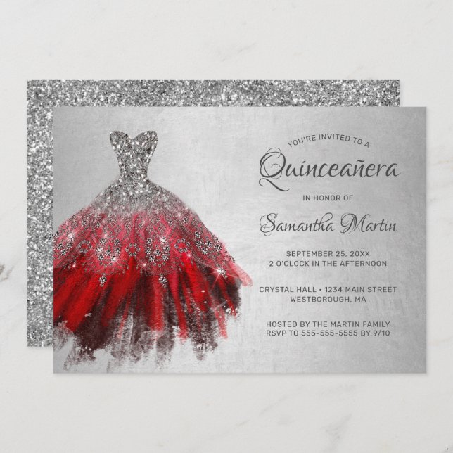 Convites Quinceanera Chic Red Silver Festa de Vestido (Frente/Verso)