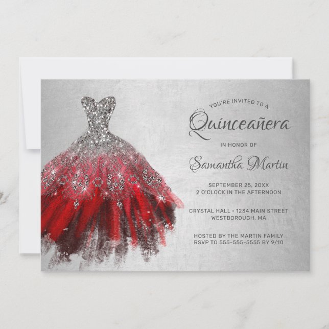 Convites Quinceanera Chic Red Silver Vestido Festa Brilhant (Frente)