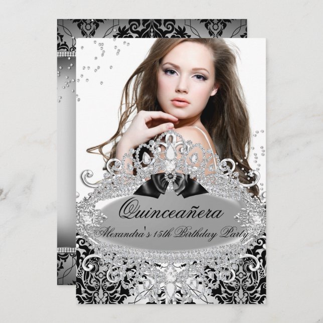 Convites Quinceanera Chic Silver Damask Diamond Jewel Foto (Frente/Verso)