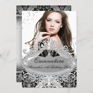 Convites Quinceanera Chic Silver Damask Diamond Jewel Foto