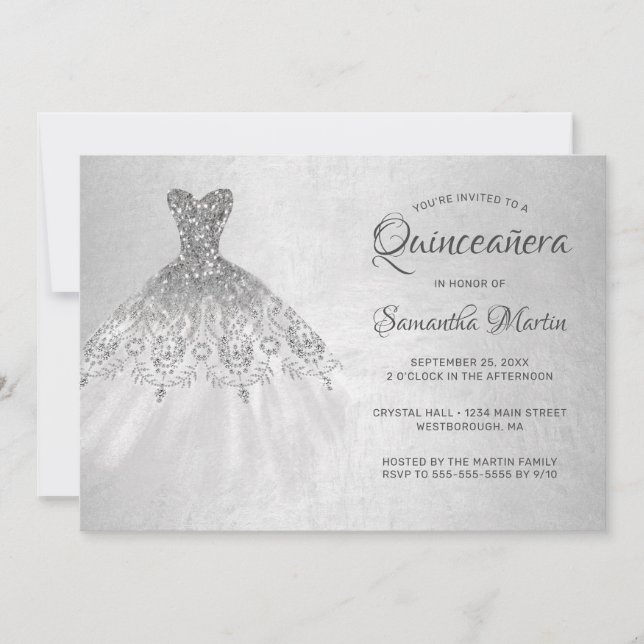 Convites Quinceanera Chic Silver Vestida no Partido Prata (Frente)
