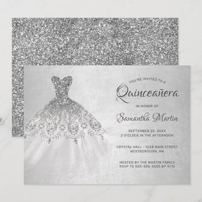 Convites Quinceanera Chic Silver Vestir o Partido Glitter P (Frente/Verso)