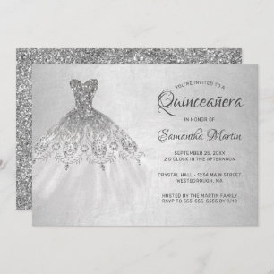Convites Quinceanera Chic Silver Vestir o Partido Glitter P