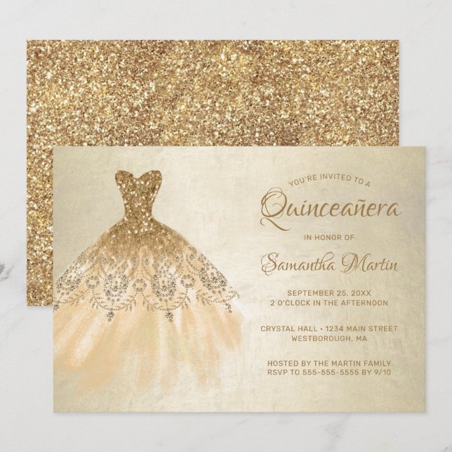 Convites Quinceanera Chic Vestido Dourado no Partido Dourad (Frente/Verso)
