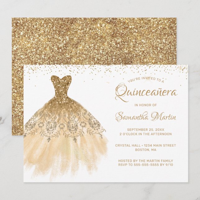 Convites Quinceanera Chic Vestir Dourado Festa Branca De Gl (Frente/Verso)