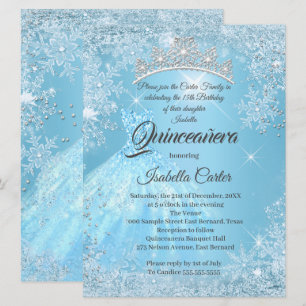 Convites Quinceanera Cinderela Floco de Neve Azul de 15 Ano