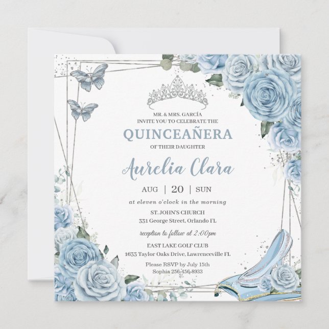 Convites Quinceañera Cinderela Princesa Baby Blue Floral (Frente)
