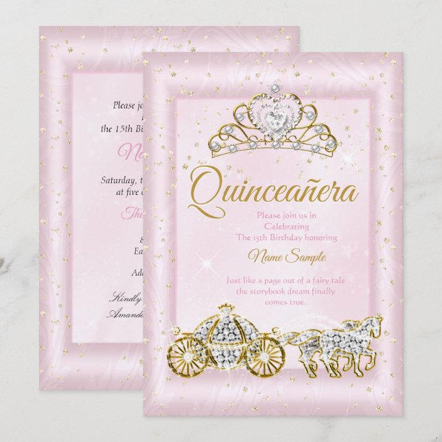Convites Quinceanera Cinderela Rosa Carruagem (Frente/Verso)
