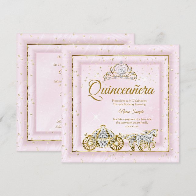 Convites Quinceanera Cinderela Rosa Carruagem 2 (Frente/Verso)