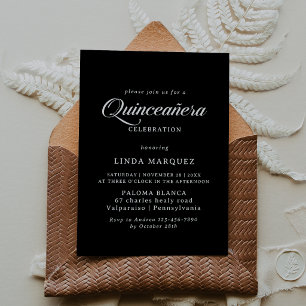 Convites Quinceañera Clássica em Preto e Branco com Caligra
