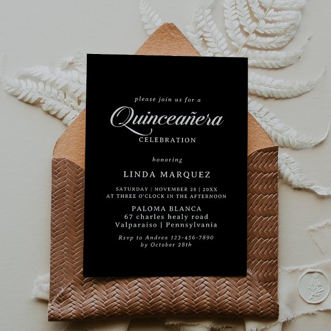 Convites Quinceañera Clássica em Preto e Branco com Caligra (Criador carregado)