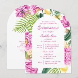 Convites Quinceañera Código QR Peônias Florais Aquarela