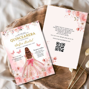Convites Quinceañera Código QR Rosa Cor-de-Rosa Floral