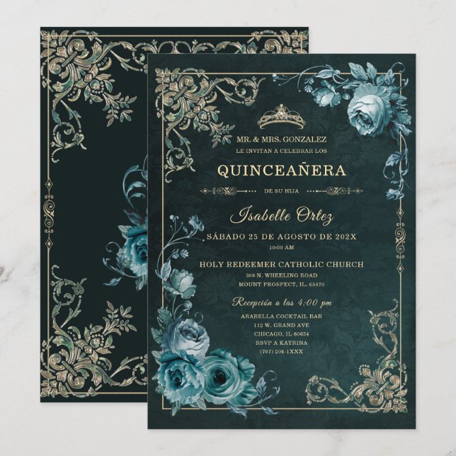 Convites Quinceañera Color Esmeralda y oro (Frente/Verso)