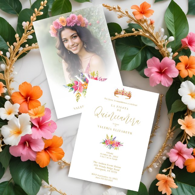 Convites Quinceañera Colorful Flowers & Foliage Photo (Spanish Cherish Quinceañera Colorful Flowers & Foliage and Princess Tiara Photo Invitations Cards.)