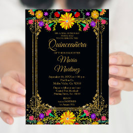 Convites Quinceañera Colorida Floral & Negra