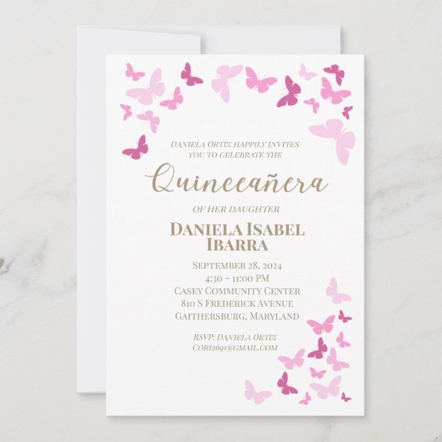 Convites Quinceañera com Borboletas Rosa Letra Dourada (Frente)