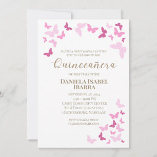 Convites Quinceañera com Borboletas Rosa Letra Dourada