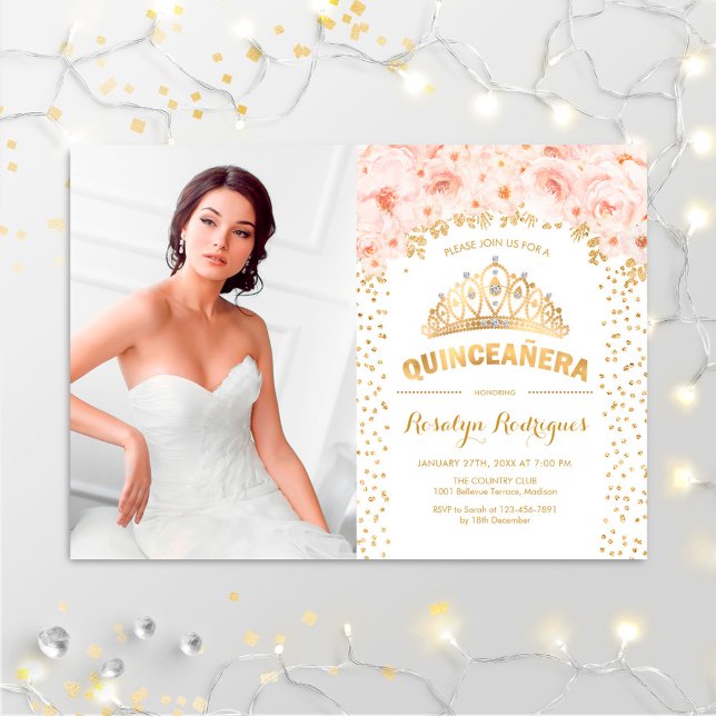 Convites Quinceanera Com Foto - Douradas Rosas Rosa (Criador carregado)