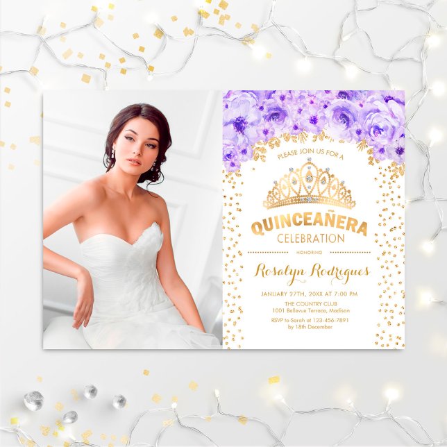 Convites Quinceanera Com Foto - Dourado Branco Roxo (Criador carregado)