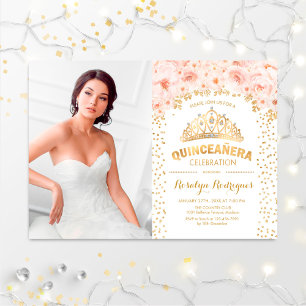 Convites Quinceanera Com Foto - Dourado Floral Rosa