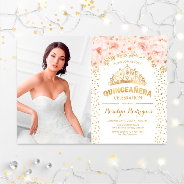 Convites Quinceanera Com Foto - Dourado Floral Rosa (Criador carregado)