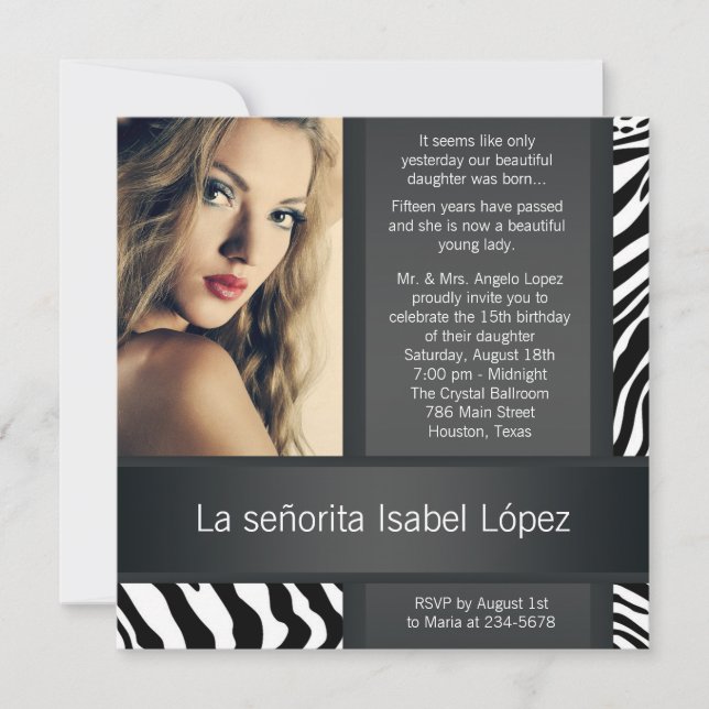 Convites Quinceanera com Foto Personalizada de Zebra (Frente)