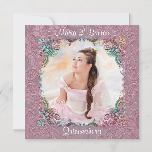 Convites Quinceanera com Imagem Rosa Azul Teal (Frente)