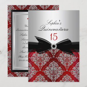Convites Quinceanera com Laço de Damasco Vermelho