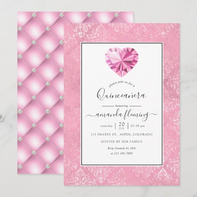 Convites Quinceañera com Pedra Preciosa Rosa (Frente/Verso)