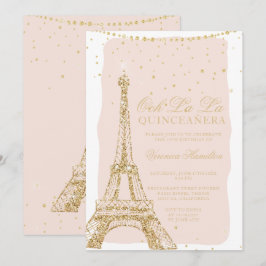 Convites Quinceanera com relva de ouro em torre Eiffel