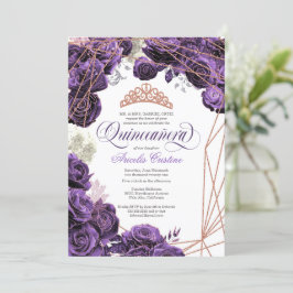 Convites Quinceañera com Roxo Regal e Rosa Dourada Tiara