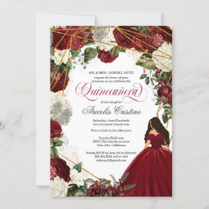 Convites Quinceanera com vestido elegante e florais burros