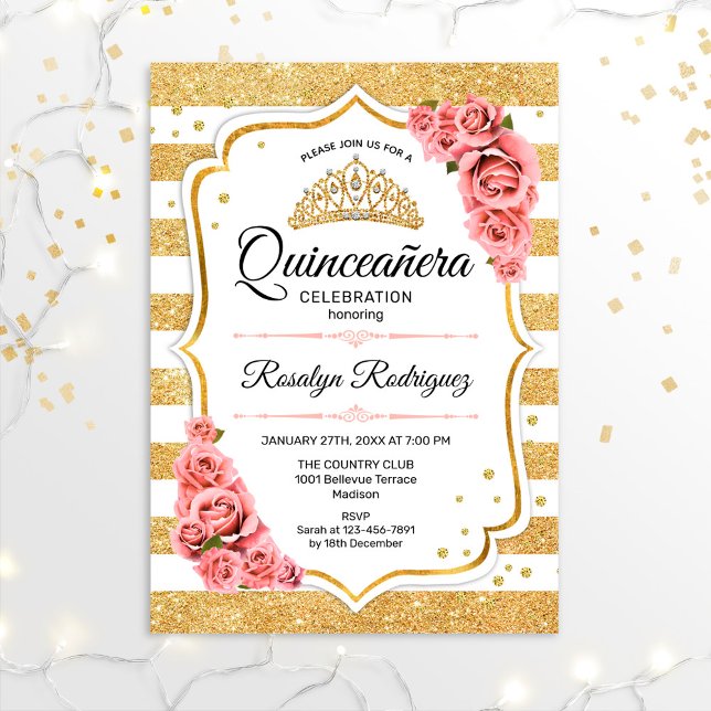 Convites Quinceanera - Cor-de-rosa branco Dourado (Criador carregado)