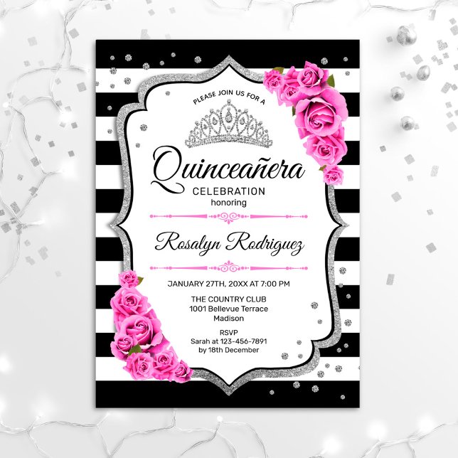 Convites Quinceanera - Cor-de-rosa branco preto (Criador carregado)