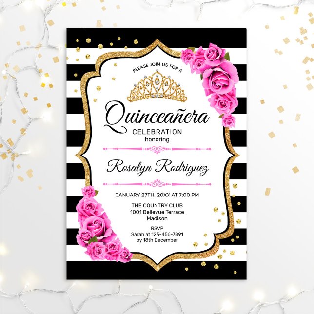 Convites Quinceanera - Cor-de-rosa branco preto (Criador carregado)