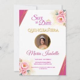 Convites Quinceañera, cor-de-rosa, floral e Dourada, salva 